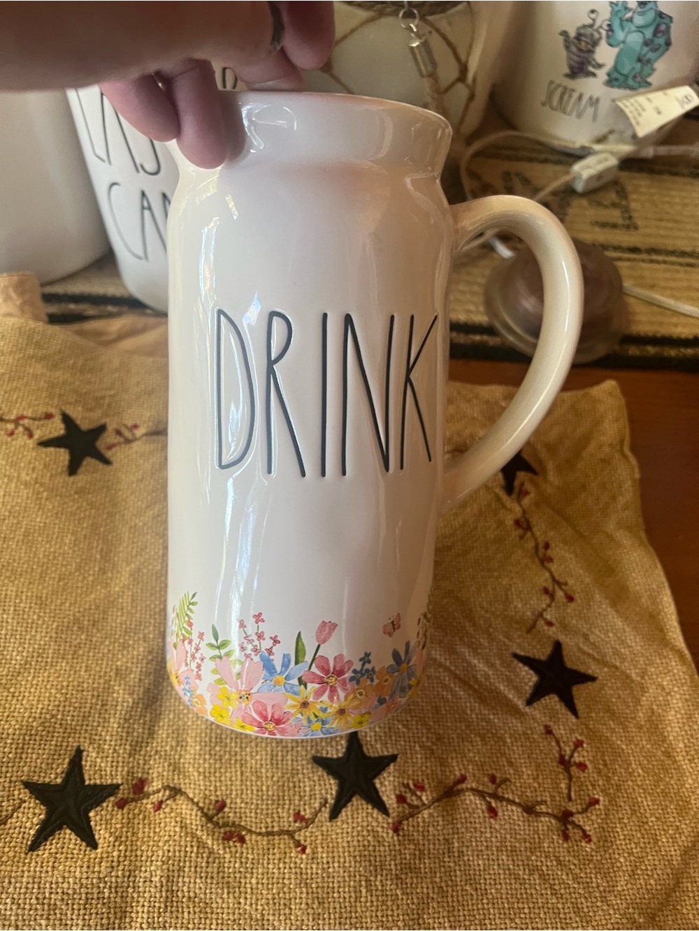 Rae Dunn White Ceramic Mug with 'DRINK' and Floral Border
